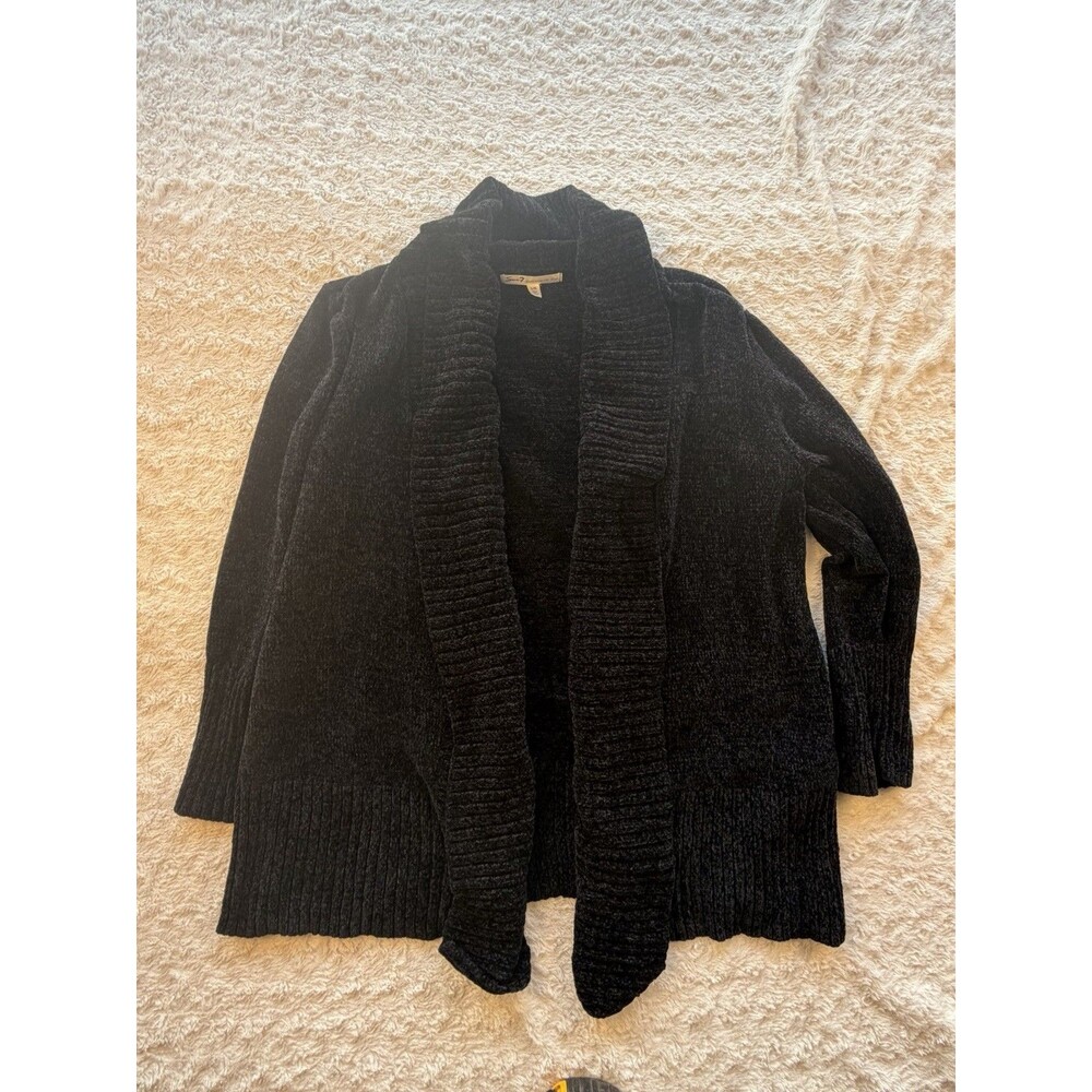 Seven7 Ribbed Knit Cardigan Sweater Black Open Shawl Collar Women's L